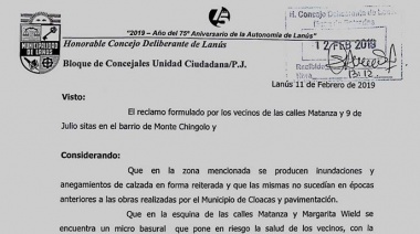 El PJ de Lanús reclama al Municipio tareas de limpieza y desobstrucción en Monte Chingolo