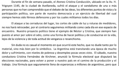 Denuncian ataques al Ateneo Cristina Conducción de Avellaneda