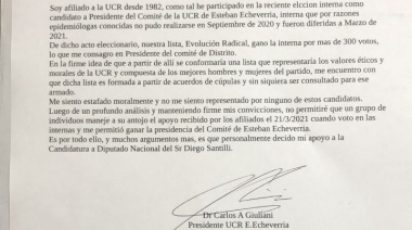 El presidente de la UCR de Echeverría expresó su apoyo a Santilli