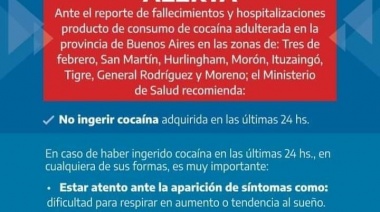 Salud bonaerense emitió un "alerta epidemiológica" por intoxicación con cocaína adulterada
