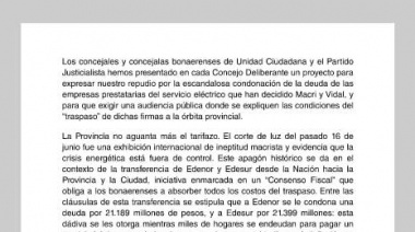 Los concejales de Unidad Ciudadana de Avellaneda repudiaron la condonación de la deuda a Edesur y Edenor