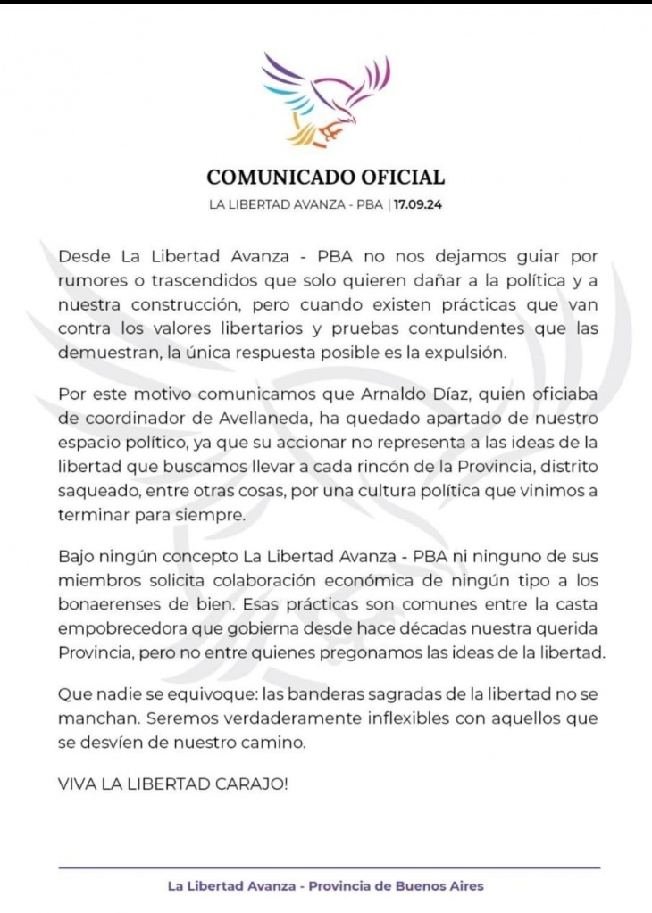 Comunicado de expulsión de Pepo Díaz de LLA PBA