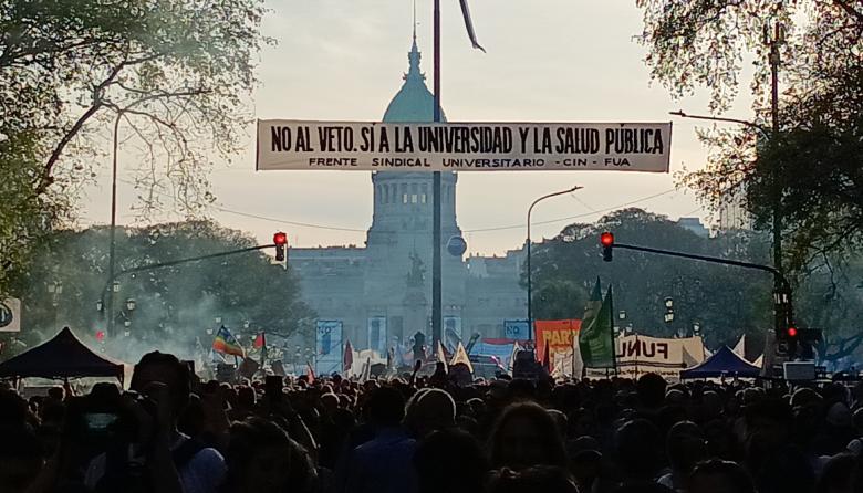 Universidad y salud:  Banderas de una multitud contra el ajuste
