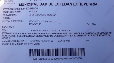 Vecinos presentaron en el Municipio el pedido para el ingreso de la línea 164 al barrio 